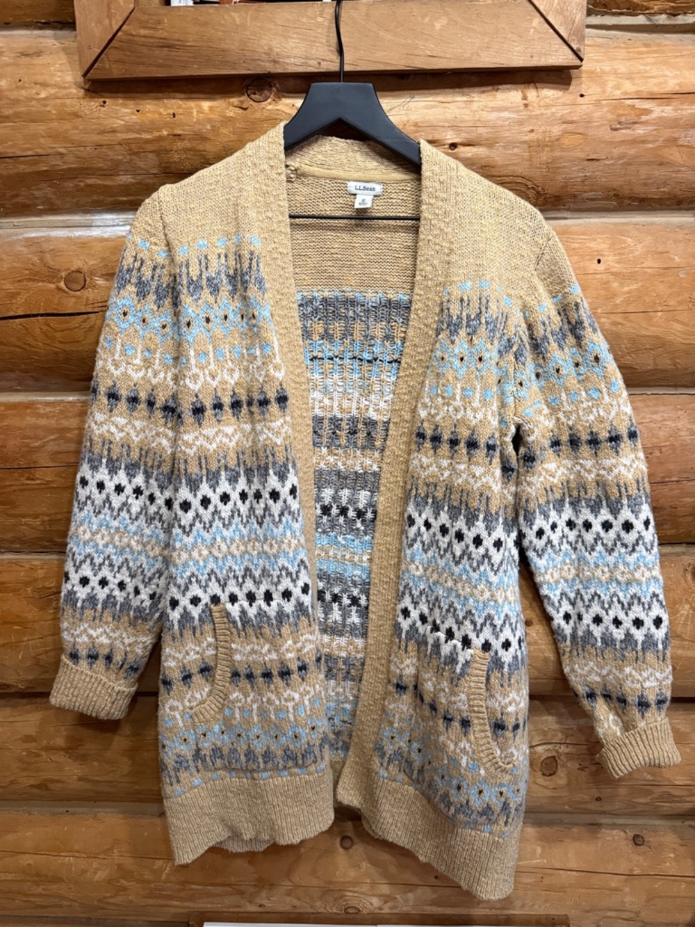 L.L. Bean Tan Fair Isle Open Cardigan with Blue & Gray Accents Medium
